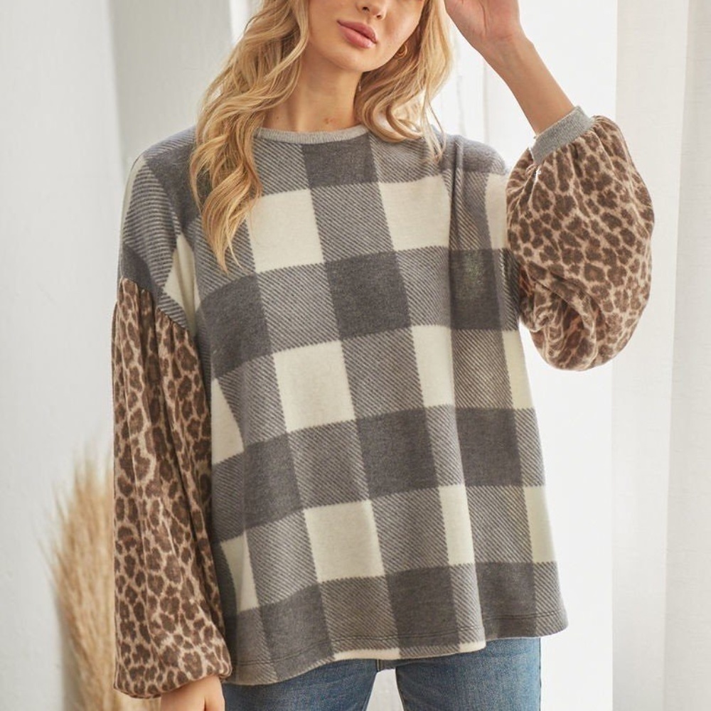Plaid Patterned Leopard Print Long Sleeve Top